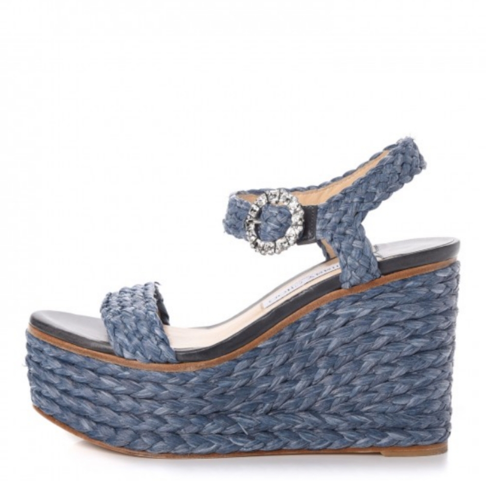 JIMMY CHOO Dusk Blue Woven Raffia NYLAH 100 Wedge Heels Sandals 35